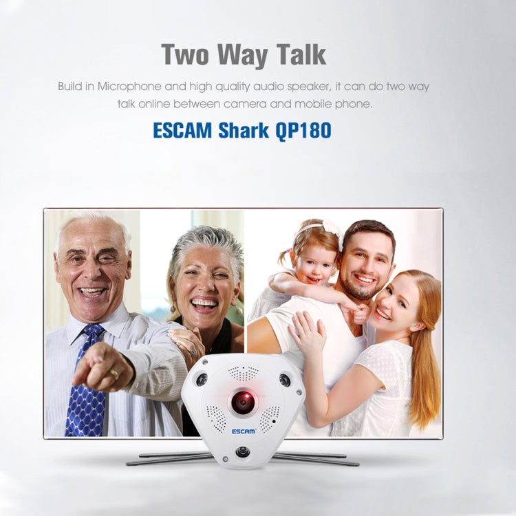 ESCAM Shark QP180 960P 360 Degrees Fisheye Lens 1.3MP WiFi IP Camera, Support Motion Detection / Night Vision, IR Distance: 10m, QP180 ESCAM Shark QP180 960P 360 Degrees Fisheye Lens 1.3MP WiFi IP Camera, Support Motion Detection / Night Vision, IR Distance: 10m, QP180